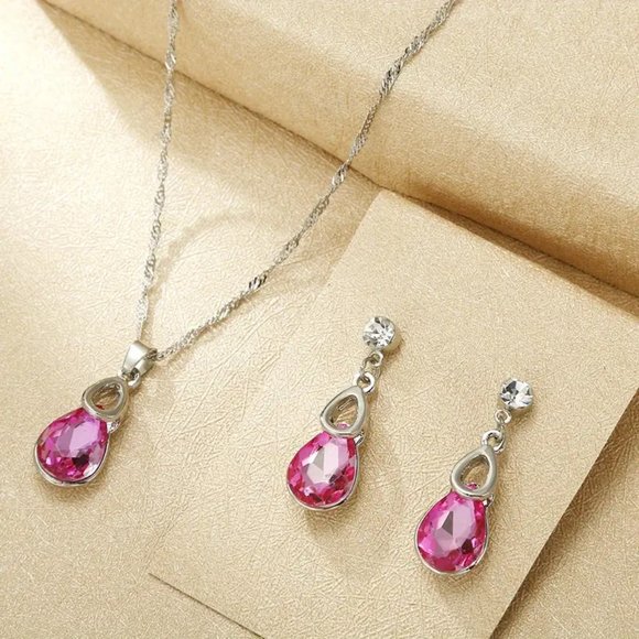 Rose Pink Teardrop Shape Crystal Earrings & Pendant Necklace Set Silver Plated - Picture 1 of 3